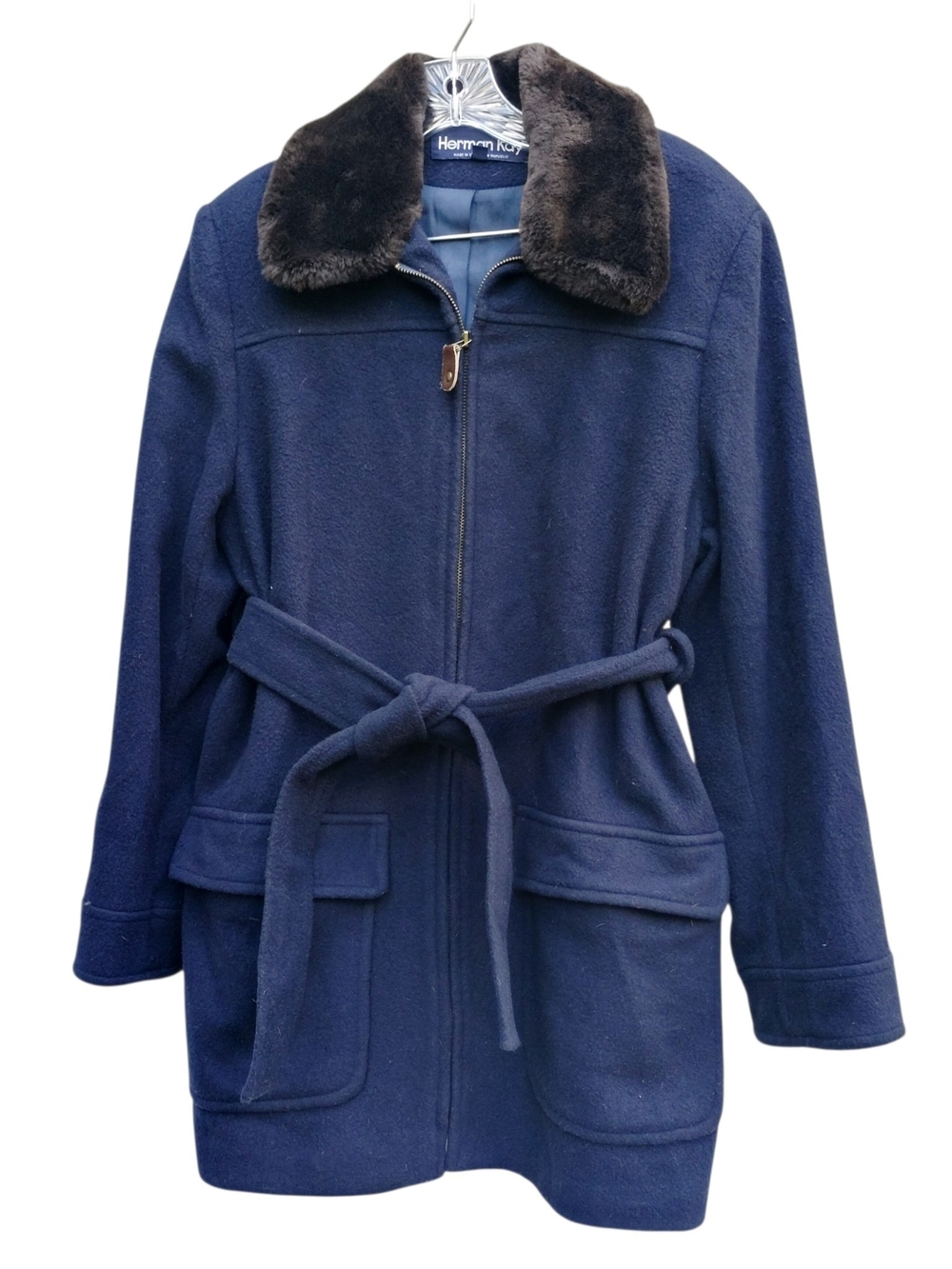 Women's Navy Wool Blend Coat with Faux Fur Collar
